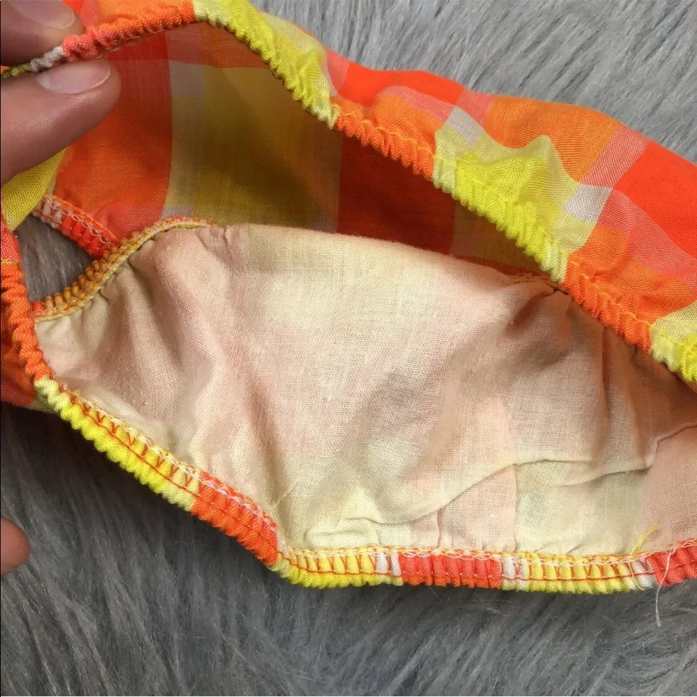 Vintage Baby Girls 70s Orange Yellow Plaid Cotton Bikini